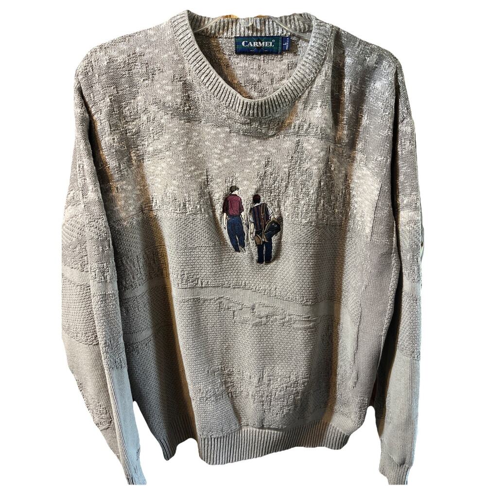 Vintage 90s Carmel Golf Embroidered Pullover Knit Sweater Size L Gray USA HOLE